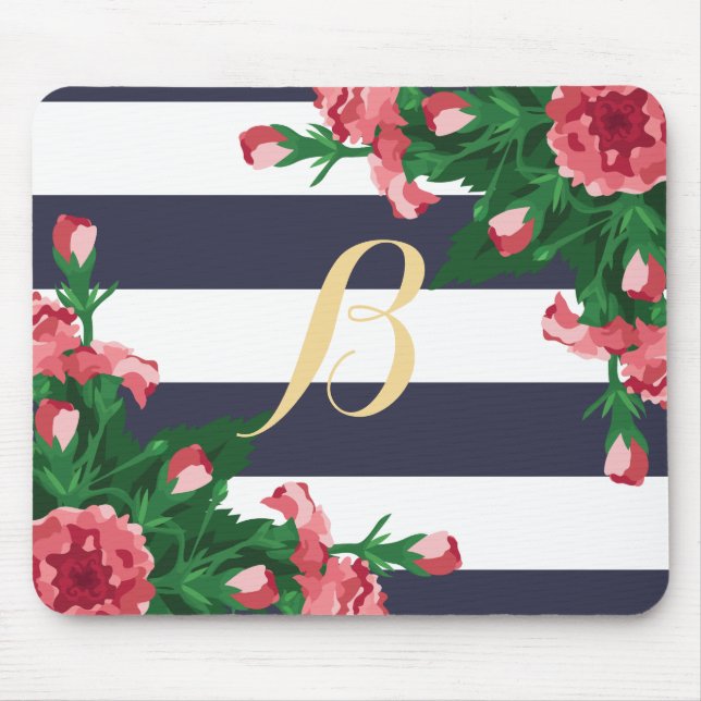 Pink Carnations & Navy Blue Stripes Monogram Mouse Mat (Front)