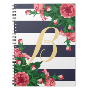 Pink Carnations & Navy Blue Stripes Monogram Notebook