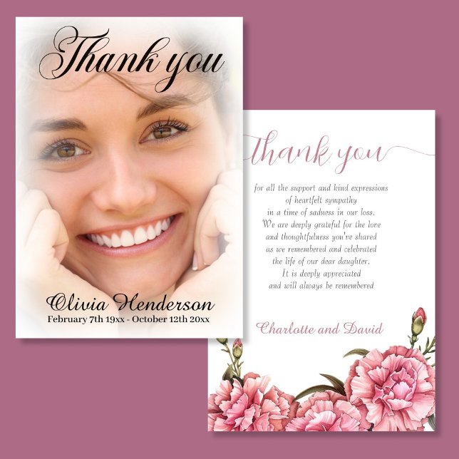 Pink Carnations Soft White Photo Memorial Thank Yo You Card (Creator Uploaded)