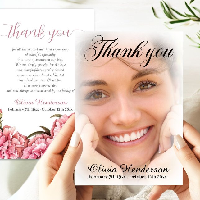 Pink Carnations Soft White Photo Memorial Thank You Card (Creator Uploaded)