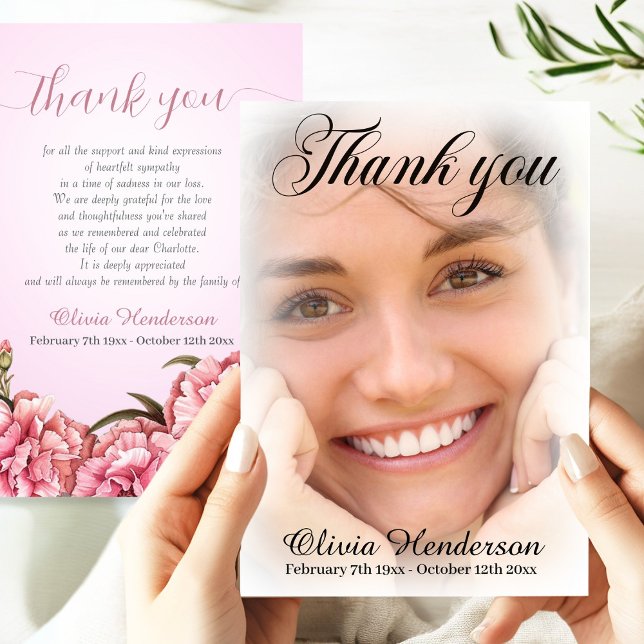 Pink Carnations Soft White Photo Memorial Thank You Card (Creator Uploaded)