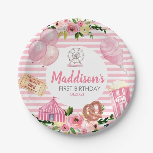 Pink Carnival Birthday Paper plate (Front)