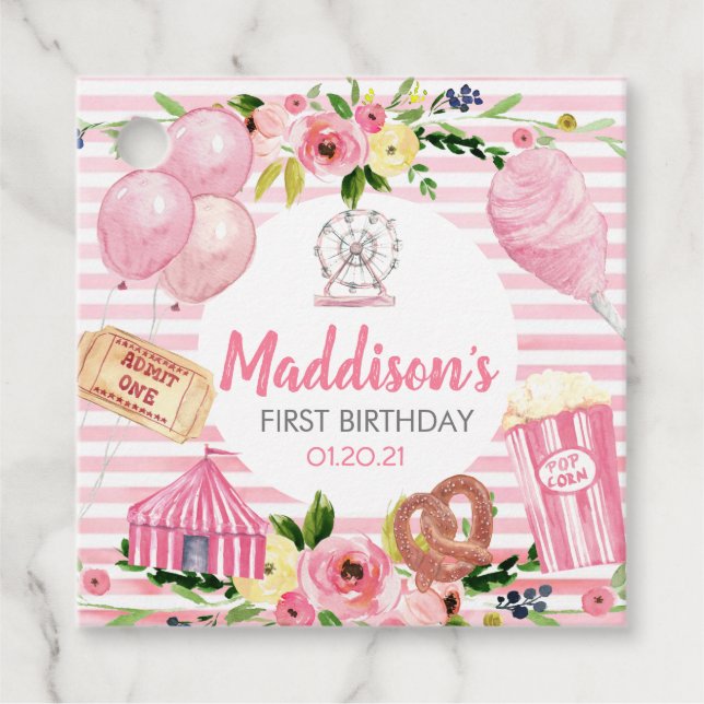 Pink Carnival Birthday Sticker Favour Tags (Front)