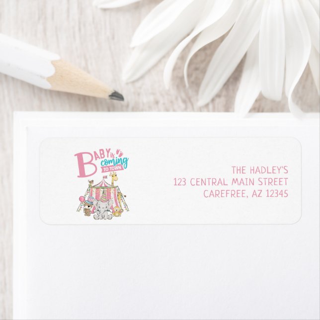 Pink Carnival Circus Baby Shower Return Address (Insitu)