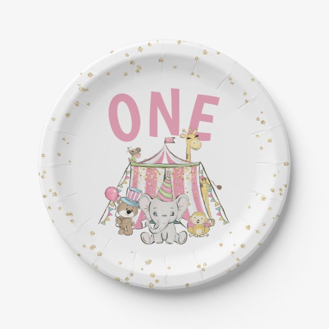Pink Carnival Circus Kid's 1st Birthday Paper Plate (Front)