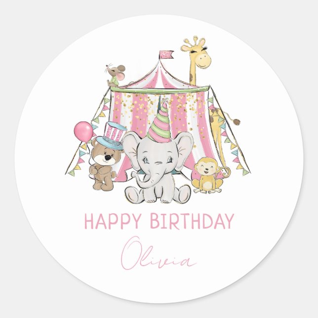 Pink Carnival Circus Kid's Happy Birthday Classic Round Sticker (Front)