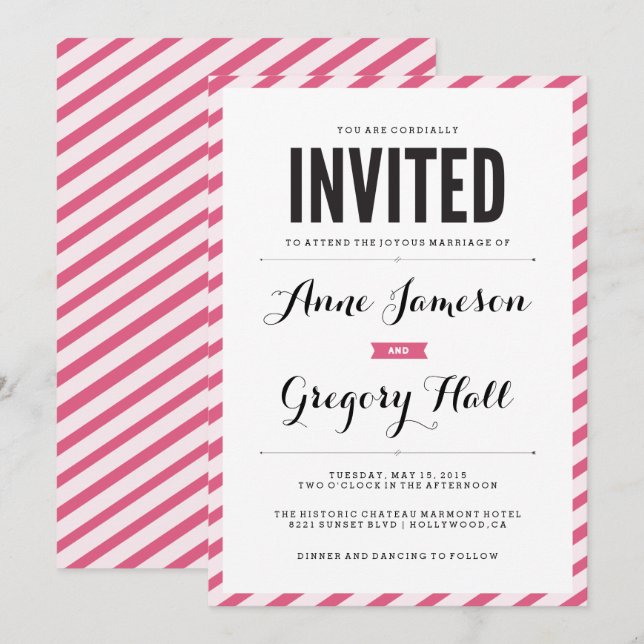 Pink Carnival Stripes Modern Wedding Invitation (Front/Back)