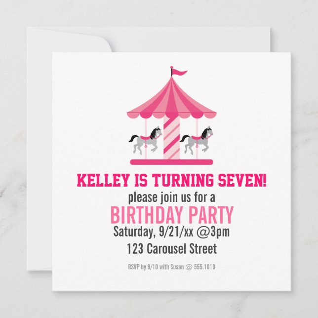 Pink Carousel Birthday Party Invitation (Front)
