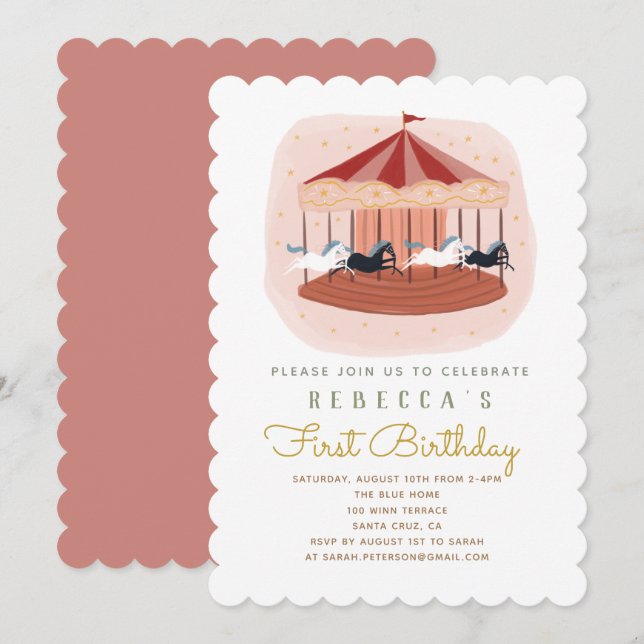 Pink Carousel First Birthday Invitation (Front/Back)