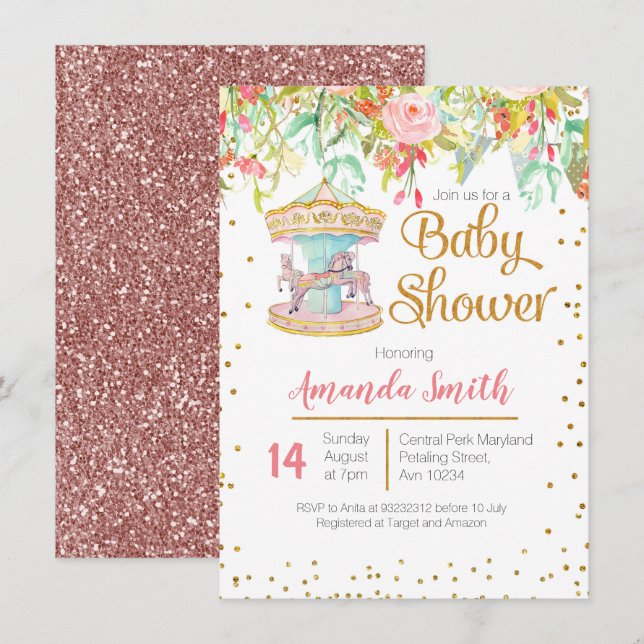 Pink Carousel Horse Baby Shower Card (Front/Back)