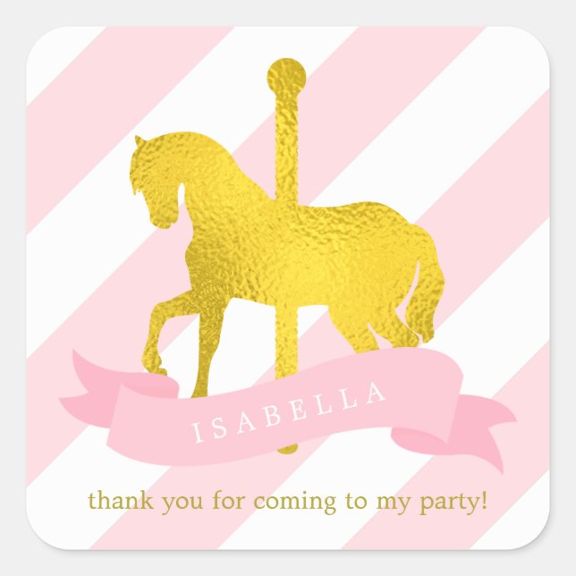 Pink Carousel Horse Birthday Square Sticker (Front)