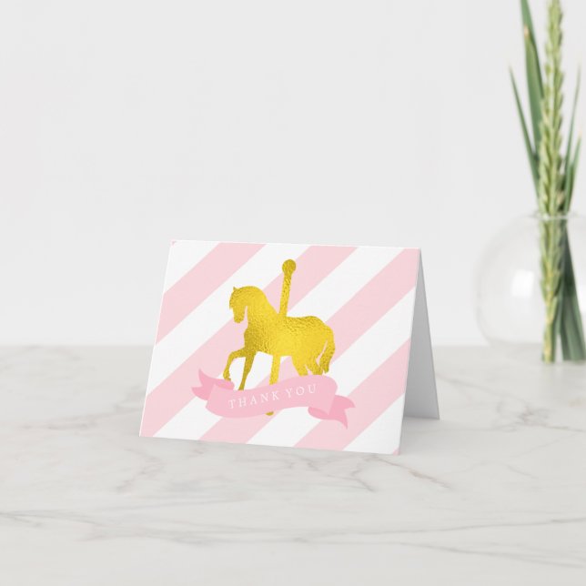 Pink Carousel Horse Birthday Thank You Card (Front)