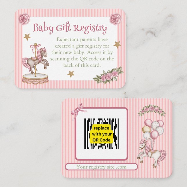 Pink Carousel Horse Gift Registry  Enclosure Card (Front/Back)