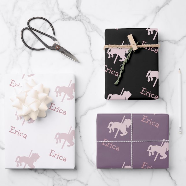 Pink Carousel Horse Pattern Girl Name Birthday  Wrapping Paper Sheet (Front)