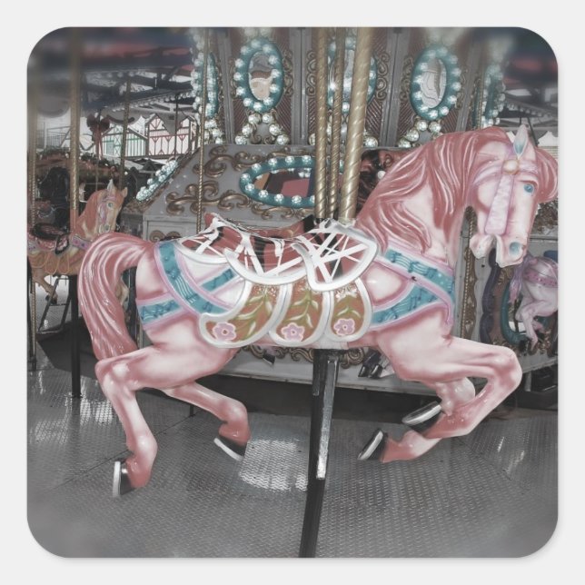 Pink carousel horse square sticker (Front)