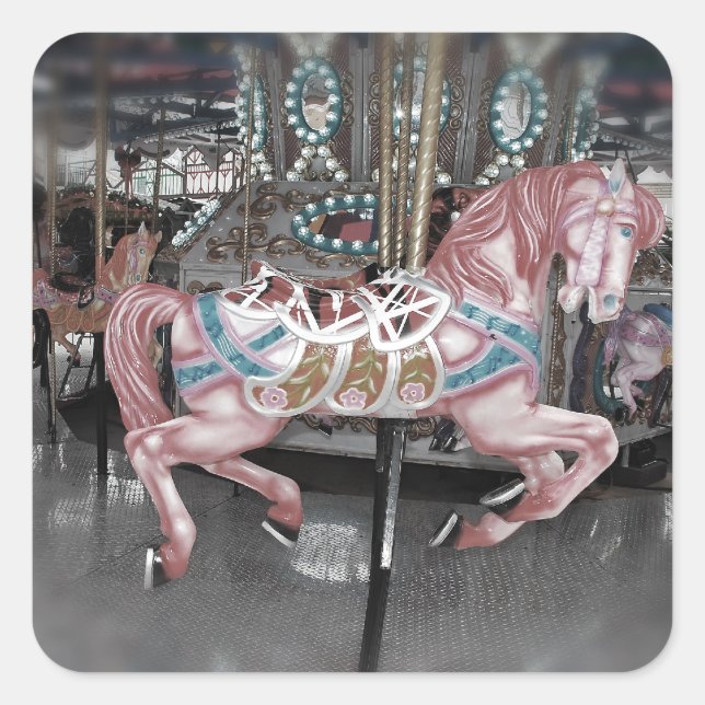 Pink carousel horse square sticker (Front)