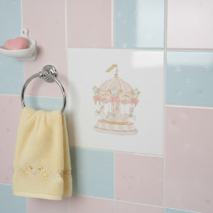 Pink Carousel Horses Watercolor Art kids wall Tile