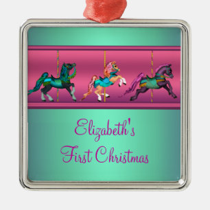 Pink Carousel Teal & Purple Baby's Frist Christmas Metal Tree Decoration