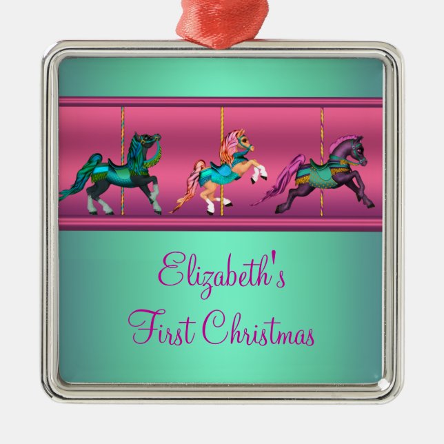 Pink Carousel Teal & Purple Baby's Frist Christmas Metal Tree Decoration (Front)