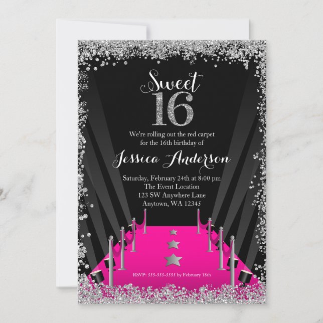 Pink Carpet Hollywood Silver Glitter Sweet 16 Invitation (Front)