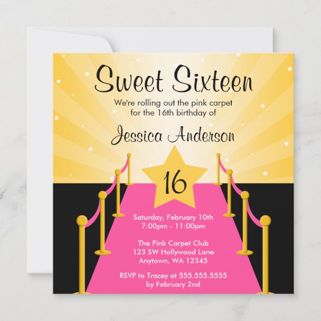 Pink Carpet Hollywood Sweet 16 Birthday Party Invitation (Front)