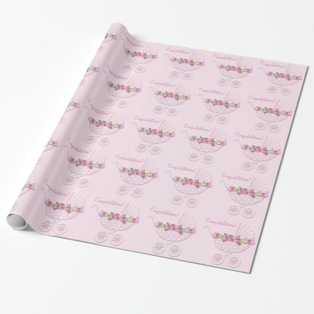 Pink Carriage Baby Girl Wrapping Paper (Unrolled)
