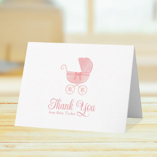 Pink Carriage Girl Baby Shower Stationery Thank You Card