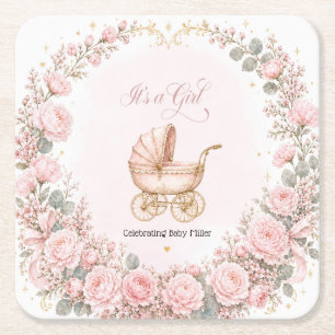 Pink Carriage It's a Girl Baby Shower Personalized Square Paper Coaster
