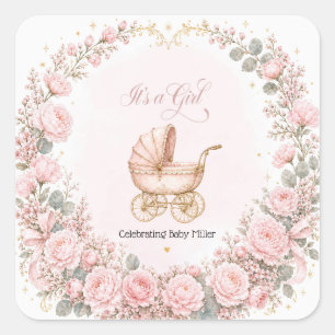 Pink Carriage It's a Girl Baby Shower Personalized Square Sticker