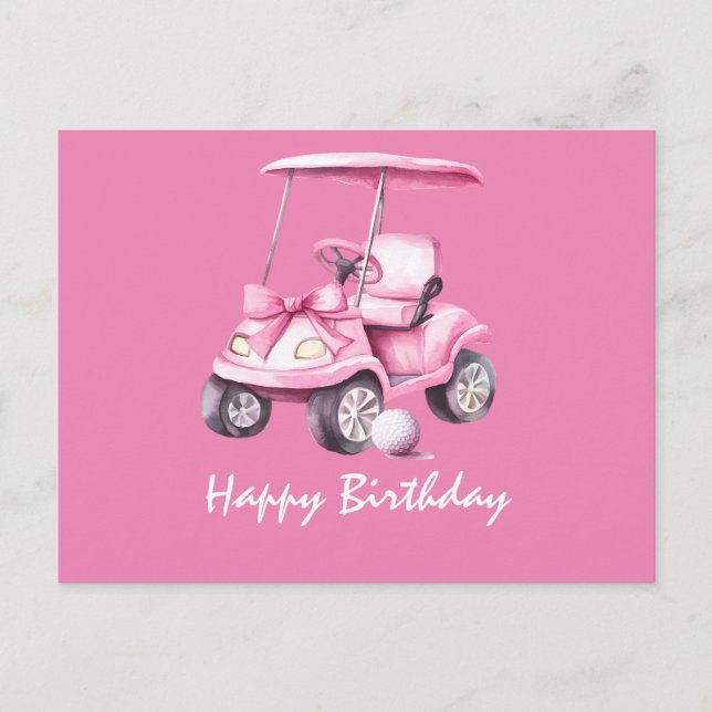 Pink Cart with Happy Birthday for Woman Golfer Postcard (Front)