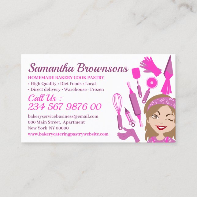 Pink Cartoon Baker Cake Pastry Cook Business Card (Front)