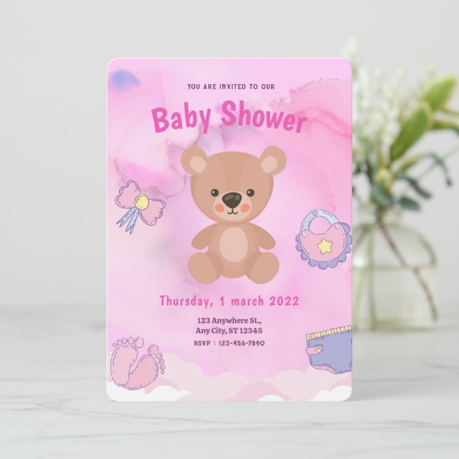 Pink Cartoon Bear Rainbow Baby Shower  Invitation (Standing Front)