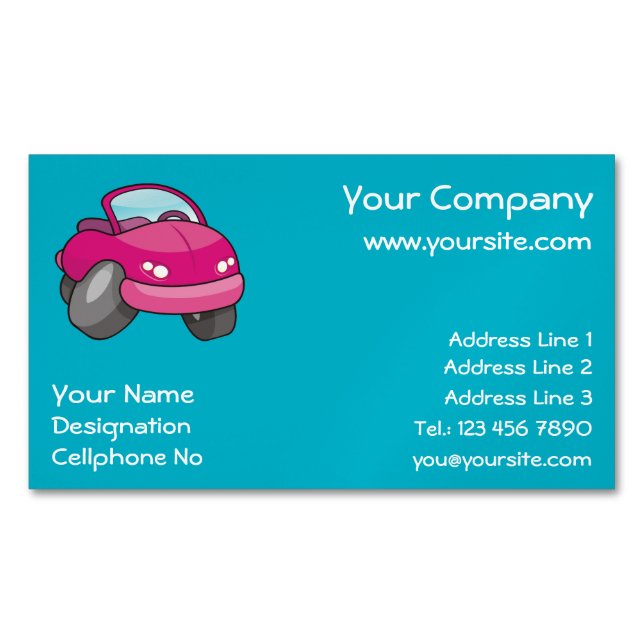 Pink Cartoon Car Magnetic Business Card (Front)