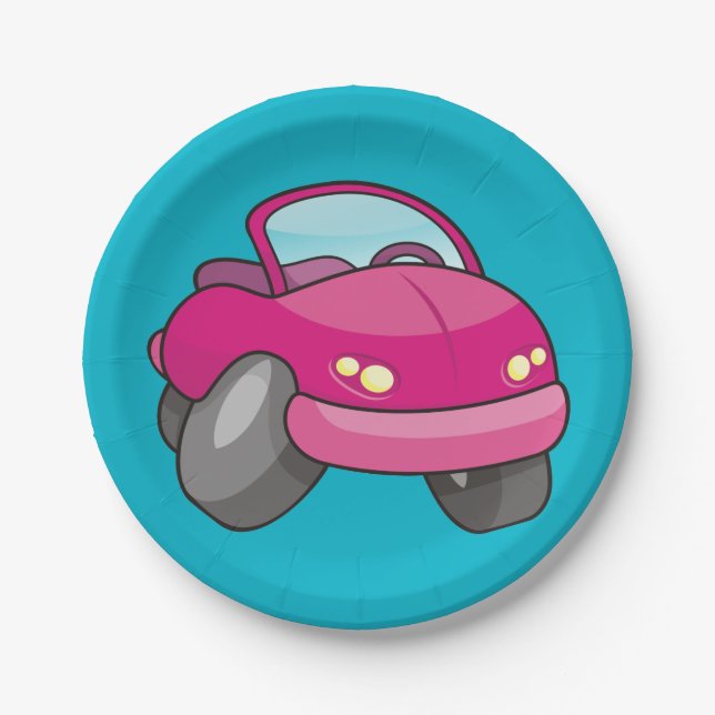 Pink Cartoon Car Paper Plate (Front)