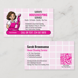 Pink Cartoon Cleaning Lady QR Housekeeping Business Card