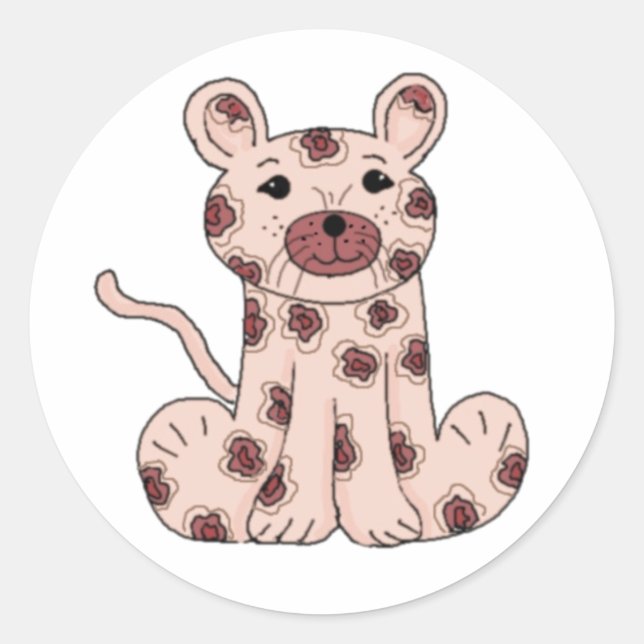 Pink Cartoon Leopard Classic Round Sticker (Front)