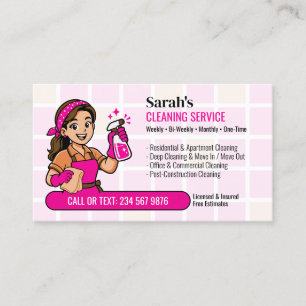 Pink Cartoon Maid House Cleaning Business Card