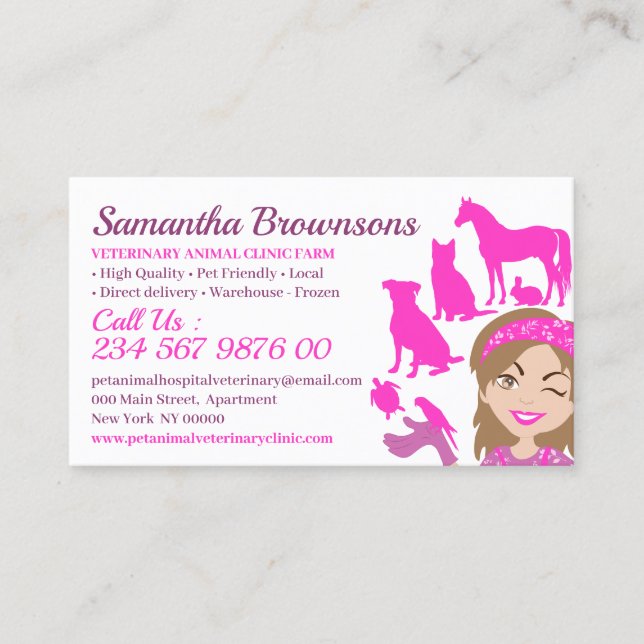Pink Cartoon Pet Animal Trainer Groomer Veterinary Business Card (Front)