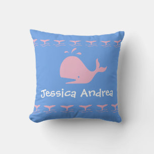 Pink CARTOON whale / w/ blue & white Personalised Cushion