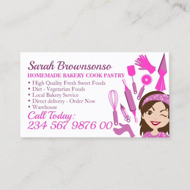 Pink Cartoon Woman Bakery Cake Pastry Cooking Business Card (Front)