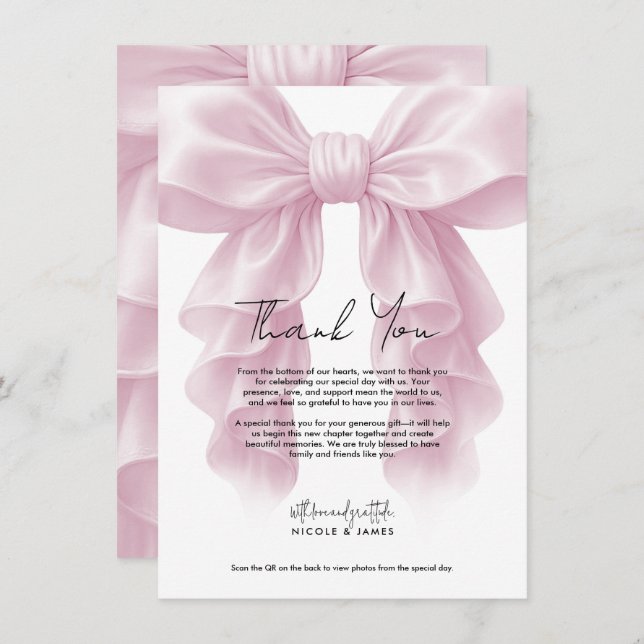 Pink Cascade Ruffle Bow Bridal Wedding Thank You Invitation (Front/Back)