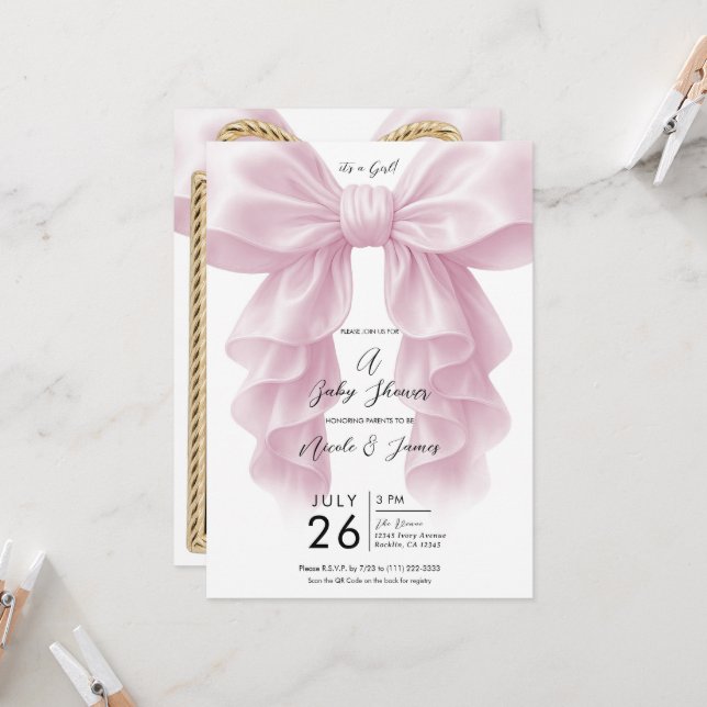 Pink Cascade Ruffle Bow Classy Baby Shower  Invitation (Front/Back In Situ)