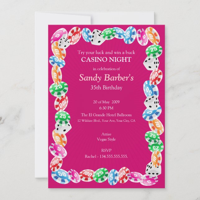 Pink Casino Night Birthday Party Invitation (Front)
