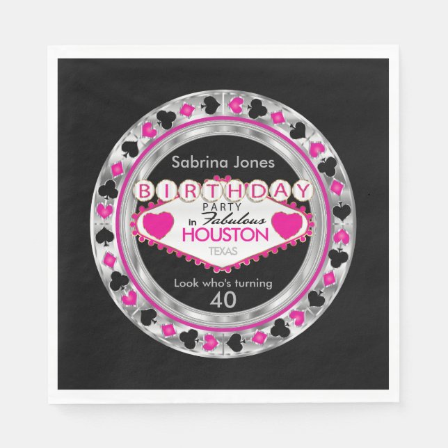 Pink Casino Poker Chip Birthday Party Napkin (Front)