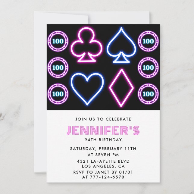 Pink Casino theme Gambling Poker 94th birthday Invitation (Front)