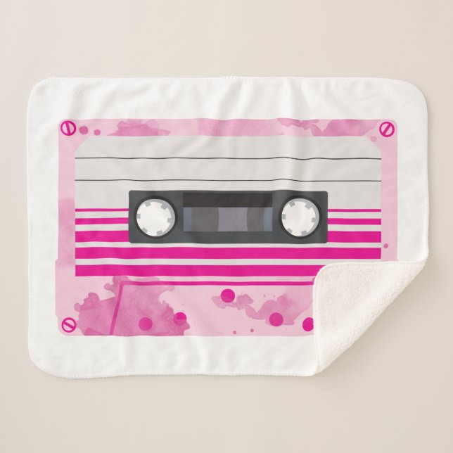 Pink Cassette Tape with Pink Watercolor Splashes Sherpa Blanket (Front (Horizontal))