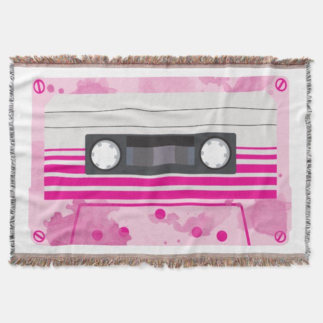 Pink Cassette Tape with Pink Watercolor Splashes Throw Blanket (Front)