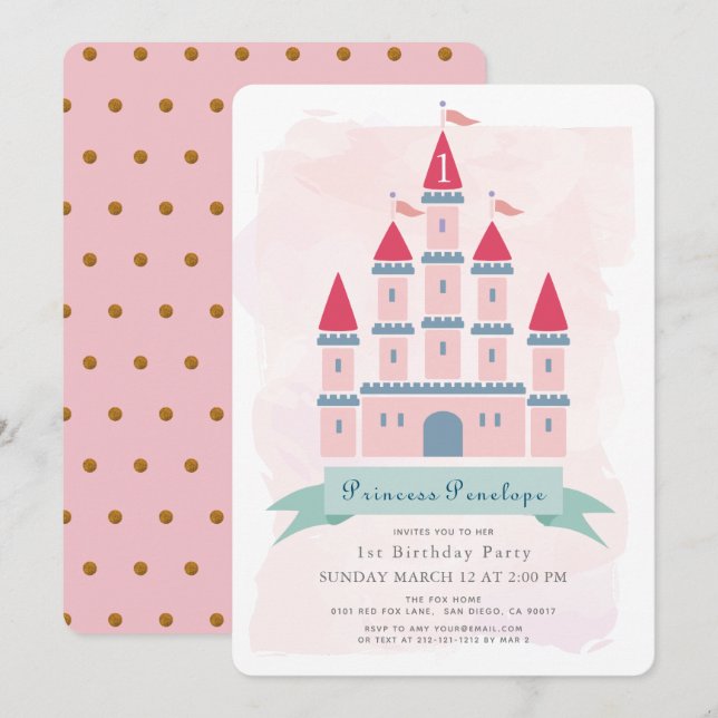 Pink Castle Princess Girl 1st Birthday Invitation (Front/Back)