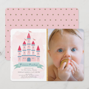 Pink Castle Princess Girl Photo 1st Birthday Invitation