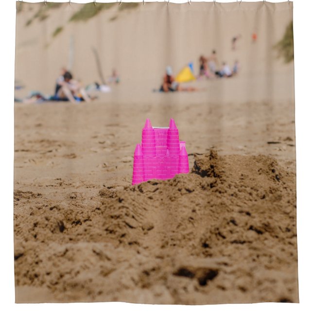 Pink castle toy in shore at daytime shower curtain (Front)